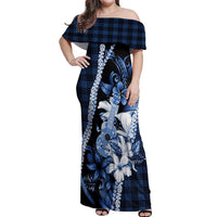 Hawaii Ukulele Off Shoulder Maxi Dress Tropical Flowers With Palaka Effect Blue Version - Polynesian Pride