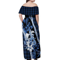 Hawaii Ukulele Off Shoulder Maxi Dress Tropical Flowers With Palaka Effect Blue Version - Polynesian Pride