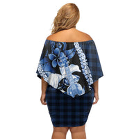 Hawaii Ukulele Off Shoulder Short Dress Tropical Flowers With Palaka Effect Blue Version - Polynesian Pride