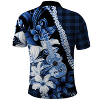 Hawaii Ukulele Polo Shirt Tropical Flowers With Palaka Effect Blue Version - Polynesian Pride