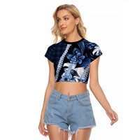 Hawaii Ukulele Raglan Cropped T Shirt Tropical Flowers With Palaka Effect Blue Version - Polynesian Pride