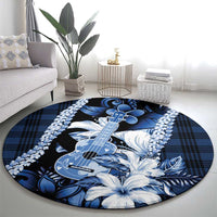 Hawaii Ukulele Round Carpet Tropical Flowers With Palaka Effect Blue Version - Polynesian Pride