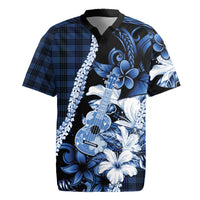 Hawaii Ukulele Rugby Jersey Tropical Flowers With Palaka Effect Blue Version - Polynesian Pride