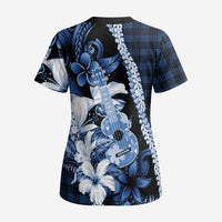 Hawaii Ukulele Scrub Top Tropical Flowers With Palaka Effect Blue Version - Polynesian Pride