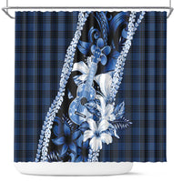Hawaii Ukulele Shower Curtain Tropical Flowers With Palaka Effect Blue Version - Polynesian Pride