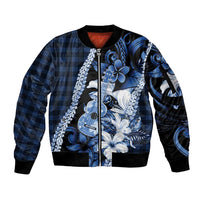 Hawaii Ukulele Sleeve Zip Bomber Jacket Tropical Flowers With Palaka Effect Blue Version - Polynesian Pride