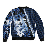Hawaii Ukulele Sleeve Zip Bomber Jacket Tropical Flowers With Palaka Effect Blue Version - Polynesian Pride