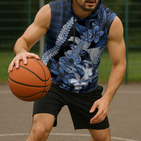 Hawaii Ukulele Sleeveless Hoodie Tropical Flowers With Palaka Effect Blue Version - Polynesian Pride