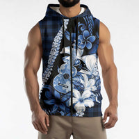 Hawaii Ukulele Sleeveless Zip Hoodie Tropical Flowers With Palaka Effect Blue Version - Polynesian Pride