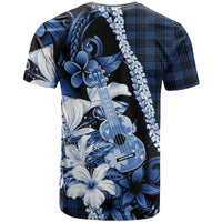 Hawaii Ukulele T Shirt Tropical Flowers With Palaka Effect Blue Version - Polynesian Pride