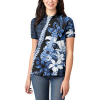Hawaii Ukulele Women Polo Shirt Tropical Flowers With Palaka Effect Blue Version - Polynesian Pride