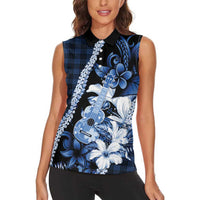 Hawaii Ukulele Women Sleeveless Polo Shirt Tropical Flowers With Palaka Effect Blue Version - Polynesian Pride