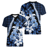 Hawaii Ukulele Women V-Neck T-Shirt Tropical Flowers With Palaka Effect Blue Version - Polynesian Pride