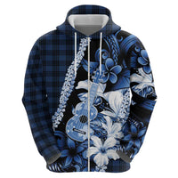Hawaii Ukulele Zip Hoodie Tropical Flowers With Palaka Effect Blue Version - Polynesian Pride