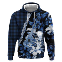 Hawaii Ukulele Zip Hoodie Tropical Flowers With Palaka Effect Blue Version - Polynesian Pride