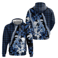 Hawaii Ukulele Zip Hoodie Tropical Flowers With Palaka Effect Blue Version - Polynesian Pride