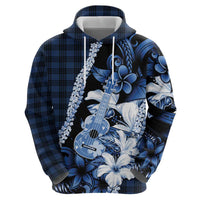 Hawaii Ukulele Zip Hoodie Tropical Flowers With Palaka Effect Blue Version - Polynesian Pride