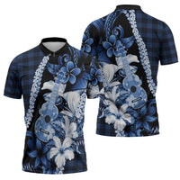 Hawaii Ukulele Zipper Polo Shirt Tropical Flowers With Palaka Effect Blue Version - Polynesian Pride