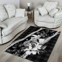 Hawaii Ukulele Area Rug Tropical Flowers With Palaka Effect Black Version - Polynesian Pride