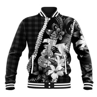 Hawaii Ukulele Baseball Jacket Tropical Flowers With Palaka Effect Black Version - Polynesian Pride
