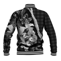 Hawaii Ukulele Baseball Jacket Tropical Flowers With Palaka Effect Black Version - Polynesian Pride
