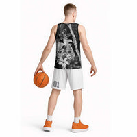 Hawaii Ukulele Basketball Jersey Tropical Flowers With Palaka Effect Black Version - Polynesian Pride