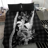 Hawaii Ukulele Bedding Set Tropical Flowers With Palaka Effect Black Version - Polynesian Pride