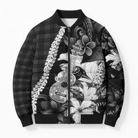 Hawaii Ukulele Bomber Puffer Jacket Tropical Flowers With Palaka Effect Black Version - Polynesian Pride