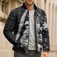 Hawaii Ukulele Bomber Puffer Jacket Tropical Flowers With Palaka Effect Black Version - Polynesian Pride