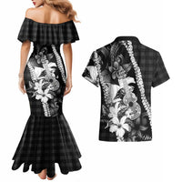 Hawaii Ukulele Couples Matching Mermaid Dress and Hawaiian Shirt Tropical Flowers With Palaka Effect Black Version LT05 - Polynesian Pride
