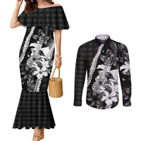 Hawaii Ukulele Couples Matching Mermaid Dress and Long Sleeve Button Shirt Tropical Flowers With Palaka Effect Black Version - Polynesian Pride
