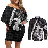 Hawaii Ukulele Couples Matching Off Shoulder Short Dress and Long Sleeve Button Shirt Tropical Flowers With Palaka Effect Black Version - Polynesian Pride