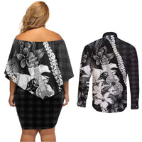 Hawaii Ukulele Couples Matching Off Shoulder Short Dress and Long Sleeve Button Shirt Tropical Flowers With Palaka Effect Black Version - Polynesian Pride