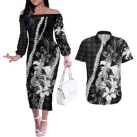 Hawaii Ukulele Couples Matching Off The Shoulder Long Sleeve Dress and Hawaiian Shirt Tropical Flowers With Palaka Effect Black Version LT05 Black - Polynesian Pride