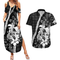 Hawaii Ukulele Couples Matching Summer Maxi Dress and Hawaiian Shirt Tropical Flowers With Palaka Effect Black Version - Polynesian Pride