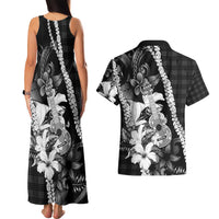 Hawaii Ukulele Couples Matching Tank Maxi Dress and Hawaiian Shirt Tropical Flowers With Palaka Effect Black Version - Polynesian Pride