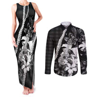 Hawaii Ukulele Couples Matching Tank Maxi Dress and Long Sleeve Button Shirt Tropical Flowers With Palaka Effect Black Version - Polynesian Pride
