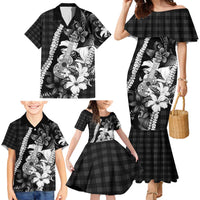 Hawaii Ukulele Family Matching Mermaid Dress and Hawaiian Shirt Tropical Flowers With Palaka Effect Black Version - Polynesian Pride