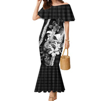 Hawaii Ukulele Family Matching Mermaid Dress and Hawaiian Shirt Tropical Flowers With Palaka Effect Black Version LT05 Mom's Dress Black - Polynesian Pride