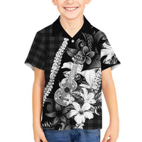 Hawaii Ukulele Family Matching Mermaid Dress and Hawaiian Shirt Tropical Flowers With Palaka Effect Black Version LT05 Son's Shirt Black - Polynesian Pride