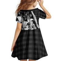 Hawaii Ukulele Family Matching Off The Shoulder Long Sleeve Dress and Hawaiian Shirt Tropical Flowers With Palaka Effect Black Version - Polynesian Pride