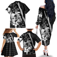 Hawaii Ukulele Family Matching Off The Shoulder Long Sleeve Dress and Hawaiian Shirt Tropical Flowers With Palaka Effect Black Version - Polynesian Pride