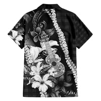 Hawaii Ukulele Family Matching Off The Shoulder Long Sleeve Dress and Hawaiian Shirt Tropical Flowers With Palaka Effect Black Version - Polynesian Pride