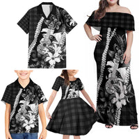 Hawaii Ukulele Family Matching Off Shoulder Maxi Dress and Hawaiian Shirt Tropical Flowers With Palaka Effect Black Version - Polynesian Pride