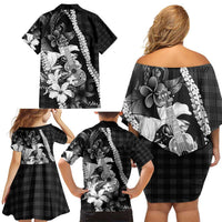 Hawaii Ukulele Family Matching Off Shoulder Short Dress and Hawaiian Shirt Tropical Flowers With Palaka Effect Black Version - Polynesian Pride