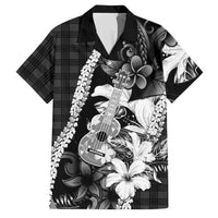 Hawaii Ukulele Family Matching Off Shoulder Short Dress and Hawaiian Shirt Tropical Flowers With Palaka Effect Black Version LT05 Dad's Shirt - Short Sleeve Black - Polynesian Pride