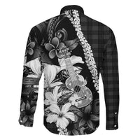 Hawaii Ukulele Family Matching Off Shoulder Short Dress and Hawaiian Shirt Tropical Flowers With Palaka Effect Black Version LT05 - Polynesian Pride