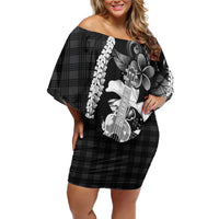 Hawaii Ukulele Family Matching Off Shoulder Short Dress and Hawaiian Shirt Tropical Flowers With Palaka Effect Black Version LT05 Mom's Dress Black - Polynesian Pride