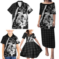 Hawaii Ukulele Family Matching Puletasi and Hawaiian Shirt Tropical Flowers With Palaka Effect Black Version LT05 - Polynesian Pride