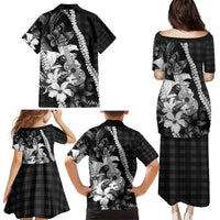 Hawaii Ukulele Family Matching Puletasi and Hawaiian Shirt Tropical Flowers With Palaka Effect Black Version - Polynesian Pride